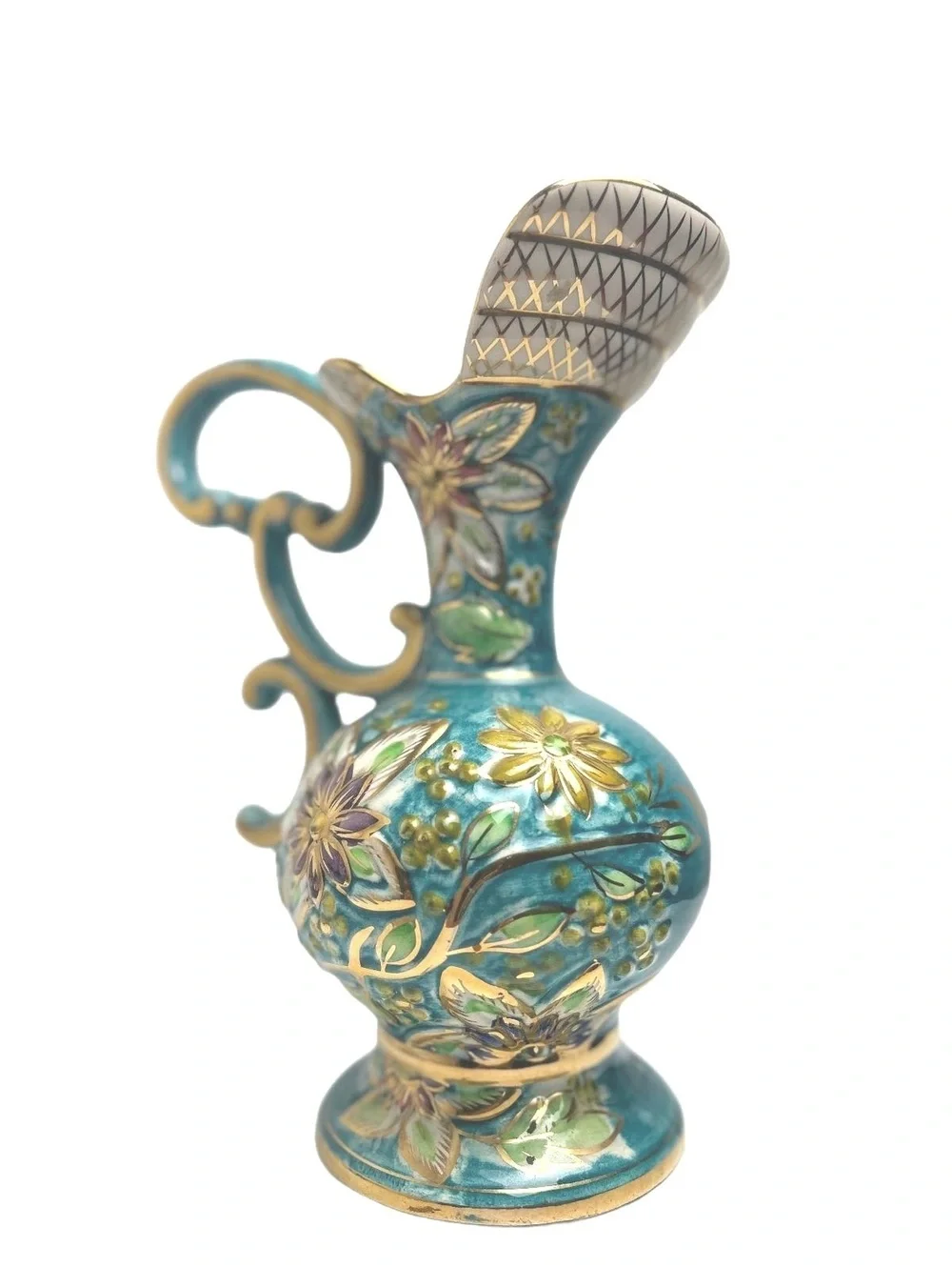 Vintage H Bequet Quaregnon Decorative Floral Pitcher Vase with Gold Accents